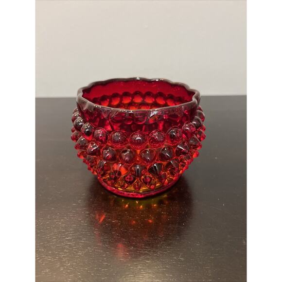 VTG Fenton Ruby Red Hobnail Pattern Rosebowl Shaped Round Vase - Picture 1 of 4